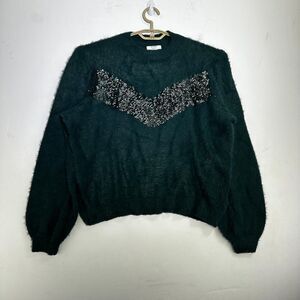 Nine West x Cara Santana Sweater Women Teal‎ Green Sequin Fuzzy Pullover Size L